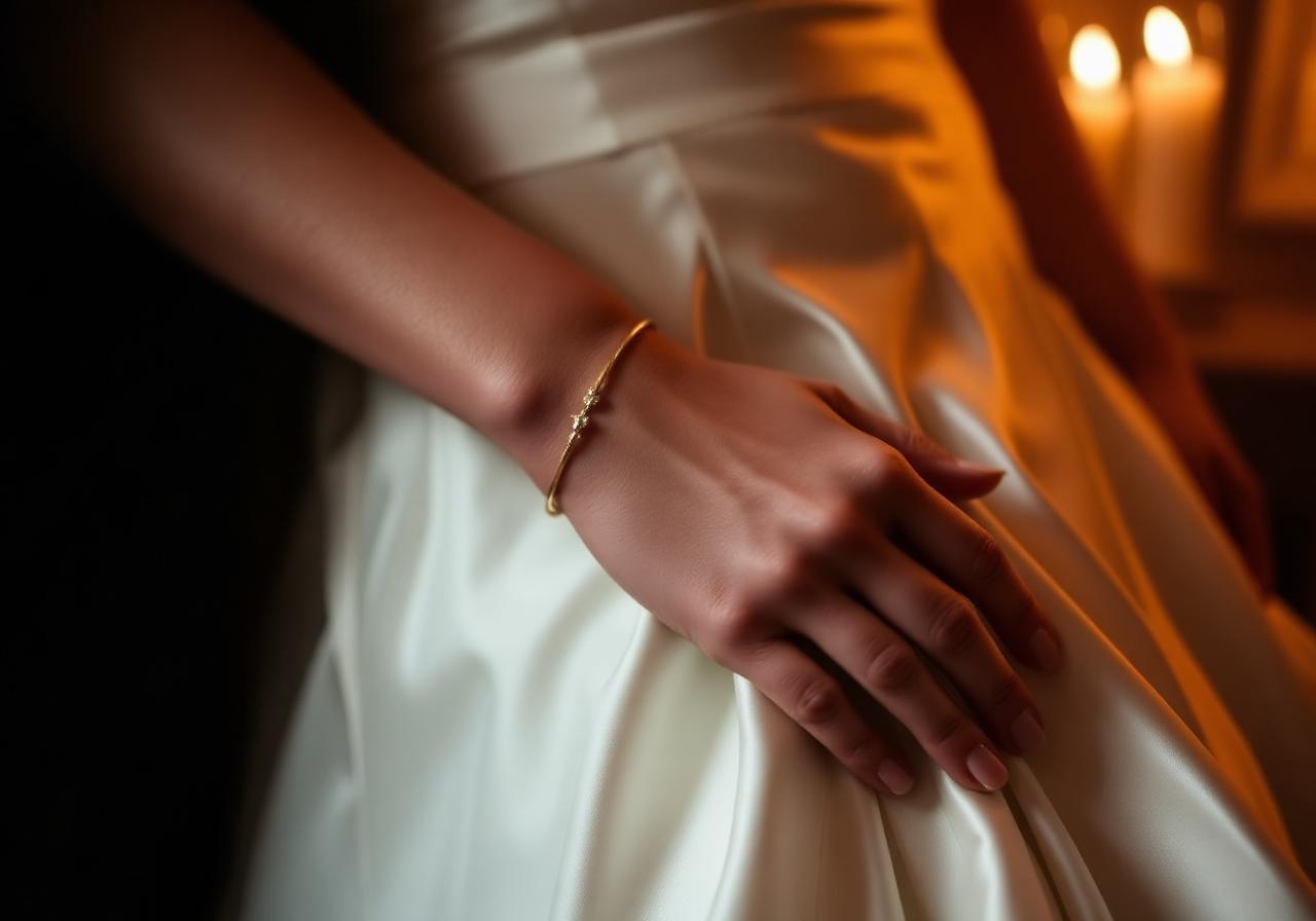 Bride hand on silk with delicate 14k gold-filled welded bracelet and ring — bridal permanent jewelry detail
