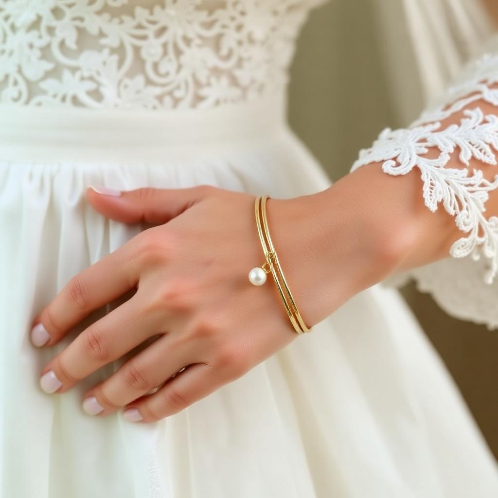 Layered welded bracelet stack on bride wrist — gold and pearl bridal permanent jewelry by Forever Linked