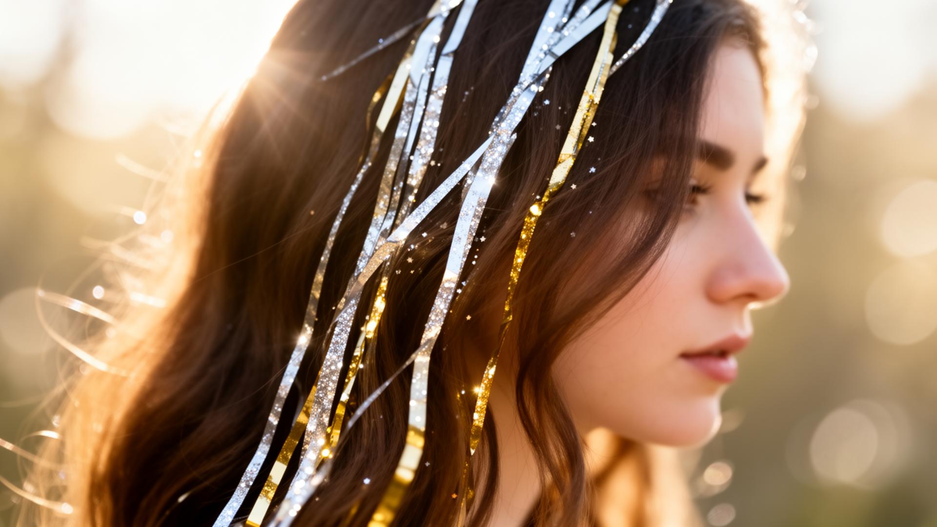 Closeup of brunette hair with sparkling silver and gold hair tinsel catching sunlight